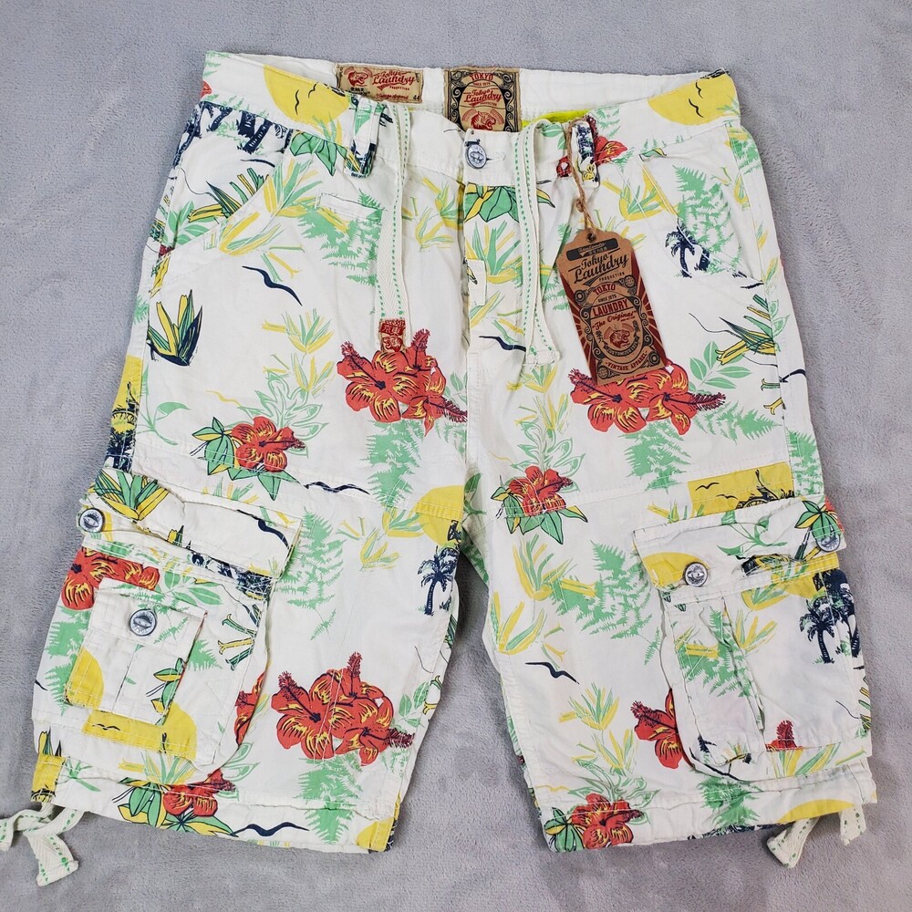Tokyo Laundry Cargo Shorts Mens 34x10 Regular Fit White Floral Print Button Fly